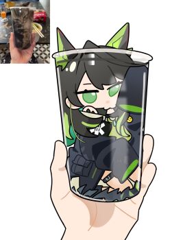 1girl 1other arknights black_hair black_jacket cup green_eyes green_hair highres in_container in_cup jacket long_hair mini_person mon3tr_(arknights) reference_inset simple_background sleeves_past_fingers sleeves_past_wrists thigh_strap white_background wwfo_2