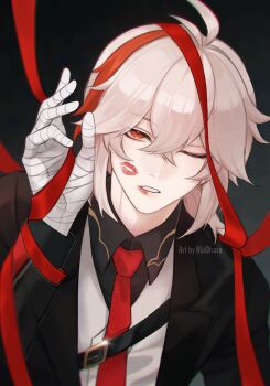 1boy alternate_costume bandaged_hand bandages black_jacket black_shirt black_suit formal_clothes genshin_impact hair_between_eyes highres illa_ohara jacket kaedehara_kazuha lips long_hair male_focus multicolored_hair necktie one_eye_closed red_eyes red_hair red_necktie red_ribbon ribbon shirt solo streaked_hair suit vest white_hair white_vest