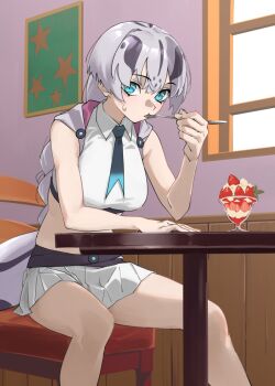 1girl bare_shoulders belt black_belt blue_eyes blue_necktie brown_hair collared_shirt crop_top eating food grey_hair hair_between_eyes highres hood hood_down kemono_friends long_hair looking_at_viewer midriff multicolored_hair necktie parfait pleated_skirt shirt sidelocks sitting skirt sleeveless snake_girl snake_print snake_tail solo spoon strawberry_parfait sweatdrop tail tanabe_(fueisei) titanoboa_(kemono_friends) two-tone_hair white_shirt white_skirt