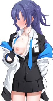 1girl absurdres artist_request blouse blue_archive blush breasts breasts_out collarbone embarrassed faceless faceless_female gloves half_gloves highres id_card jacket looking_away medium_breasts miniskirt necktie no_bra nonogi6 off_shoulder one_breast_out school_uniform self_exposure shirt skirt solo undone_necktie white_shirt yuuka_(blue_archive)