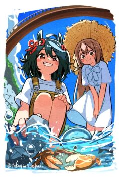 2girls air_bubble animal_ears black_hair blue_sky bow bowtie brown_eyes brown_hair brown_hat bubble closed_mouth commentary_request crab day dress grin hair_between_eyes hat holding holding_rock horse_ears horse_girl horse_tail kitasan_black_(umamusume) multiple_girls overalls red_eyes rock satono_diamond_(umamusume) shirt short_sleeves sky smile squatting straw_hat sundress tail takuan_(taku1219oekaki) umamusume water white_bow white_bowtie white_dress white_hair white_shirt white_streaks yellow_overalls