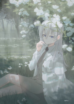 1girl black_necktie blue_eyes chihuri closed_mouth collared_shirt commentary_request day ende_(chihuri) feet_out_of_frame flower grass grey_hair grey_skirt grey_vest hair_between_eyes hand_up highres jacket long_hair looking_at_viewer necktie open_clothes open_jacket original outdoors rose shirt signature sitting skirt smile solo tree very_long_hair vest white_flower white_jacket white_rose white_shirt