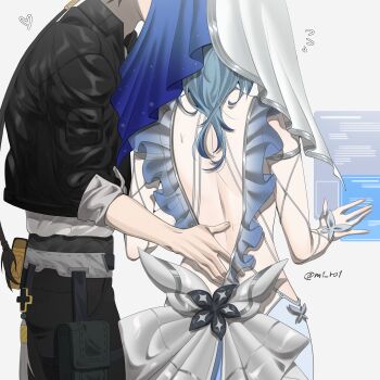 1boy 1girl absurdres armlet black_jacket black_pants blake_bloom_(wuthering_waves) blue_hair blue_veil commentary dress flying_sweatdrops from_behind glowy_(gloww) heart highres holographic_interface jacket jewelry long_hair male_rover_(wuthering_waves) pants rover_(wuthering_waves) shorekeeper_(wuthering_waves) twitter_username two-tone_veil veil white_dress white_veil wuthering_waves