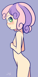 Rule 34 | 1girl, blush, drantyno, flat chest, green eyes, hands on own chest, hasbro, looking at viewer, multicolored hair, my little pony, my little pony: equestria girls, my little pony: friendship is magic, nipples, nude, pink hair, purple hair, short hair, smile, standing, sweetie belle, two-tone hair