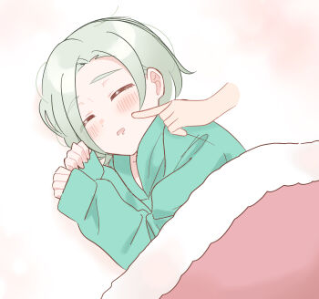 Rule 34 | 1boy, 1girl, blush, cheek poking, closed eyes, commentary request, disembodied hand, drooling, green shirt, grey hair, highres, ishimochi (daleka333), long sleeves, love live!, love live! nijigasaki high school idol club, mia taylor, mouth drool, open mouth, poking, shirt, short hair, sleeping, sleeves past wrists, solo, under covers, upper body