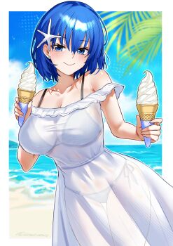 1girl absurdres artist_name bare_shoulders beach bikini blue_eyes blue_hair border breasts ciel_(tsukihime) commentary cowboy_shot dress earrings hair_ornament highres holding holding_ice_cream_cone ice_cream_cone jewelry large_breasts long_dress looking_at_viewer off-shoulder_dress off_shoulder see-through_clothes see-through_dress short_hair signature smile solo starfish_hair_ornament sundress swimsuit tsukihime tsukihime_(remake) umirunie white_dress