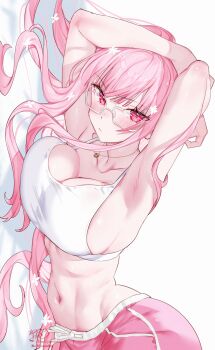 1girl absurdres arm_above_head armpits arms_up artist_name blush bra breasts closed_mouth collarbone commentary english_commentary flower glasses hair_flower hair_ornament highres hololive hololive_english jewelry kamiya_maneki large_breasts long_hair looking_at_viewer lying mori_calliope navel necklace on_side pink_eyes pink_hair pink_shorts shorts signature simple_background skull_necklace solo stomach twitter_username underwear virtual_youtuber white-framed_eyewear white_background white_bra