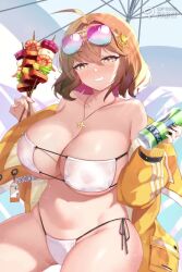 1girl ahoge animated anis_(nikke) anis_(sparkling_summer)_(nikke) aviator_sunglasses bare_shoulders bikini blush breasts brown_eyes brown_hair can cleavage clip_studio_paint_(medium) collarbone cowboy_shot drink drink_can eyepatch_bikini eyewear_on_head food goddess_of_victory:_nikke grin holding holding_can holding_drink holding_food huge_breasts jacket jewelry lineart long_sleeves looking_at_viewer making-of navel necklace off_shoulder open_clothes open_jacket side-tie_bikini_bottom sketch skewer smile soda_can solo star_(symbol) star_necklace sunglasses swimsuit thighs umbrella video white_bikini yellow_jacket yuruto