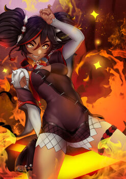 1girl :d arm_guards arm_up black_dress black_hair breasts dark-skinned_female dark_skin dress feet fire full_body genshin_impact hair_ornament highres kirani kneeling long_sleeves medium_breasts multicolored_hair nail_polish open_mouth red_hair short_twintails smile solo spikes streaked_hair teeth thick_eyebrows toeless_legwear toenail_polish toenails twintails two-tone_hair xinyan_(genshin_impact) yellow_eyes