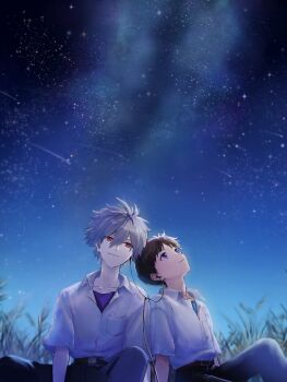 2boys adam&#039;s_apple belt black_pants blue_shirt brown_belt brown_hair collared_shirt commentary_request earphones grass grey_hair hair_between_eyes heads_together highres looking_up male_focus multiple_boys neon_genesis_evangelion night on_floor pants pocket purple_shirt red_eyes school_uniform shared_earphones shirt shirt_tucked_in shooting_star short_hair sitting sky smile soraaaa53 star_(sky) starry_sky tokyo-3_middle_school_uniform white_shirt yaoi