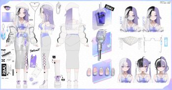 1girl absurdres ahoge arrow_(symbol) barcode bebe_(bebe_pp) black_hair breasts closed_mouth clothes_writing commentary_request cup glasses grey_skirt hat highres indie_virtual_youtuber jacket jewelry koakuma_rimu long_hair mask microphone mouth_mask multicolored_hair multiple_views necklace off_shoulder open_clothes open_jacket phone purple_eyes purple_hair reference_sheet safety_pin second-party_source shoes signature skirt socks split-color_hair virtual_youtuber white_hair white_hat white_jacket white_mask white_shoes white_socks