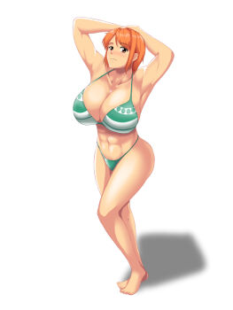 Rule 34 | 1girl, 2018, 5 voice, abs, adapted costume, alternate breast size (larger), ass, barefoot, bikini, blush, breasts, brown eyes, cleavage, curvy, feet, female focus, full body, green bikini, hip focus, huge breasts, large breasts, legs, nami (one piece), nami (one piece) (return to sabaody), one piece, open mouth, orange hair, short hair, simple background, sitting, smile, solo, striped bikini, striped clothes, swimsuit, thick thighs, thighs, underboob, white background, wide hips