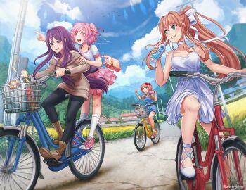 4girls aqua_eyes bag bare_shoulders bicycle_basket bird black_pants blue_overalls blue_sky blush boots bottle bow brown_boots brown_hair casual cellphone chips_(food) choker clenched_hand cloud commentary day denim denim_overalls doki_doki_literature_club dress english_commentary flock food frilled_skirt frills grass green_eyes grey_sweater hair_bow hair_intakes hair_ornament hair_ribbon hairclip hand_on_another's_arm handbag heart highres holding holding_bottle holding_hpone house kneehgish long_hair long_sleeves monika_(doki_doki_literature_club) multiple_girls natsuki_(doki_doki_literature_club) off-shoulder_sweater off_shoulder official_alternate_costume open_mouth outdoors overall_shorts overalls pants phone pink_bag pink_eyes pink_shoes pink_skirt pointing ponytail purple_eyes purple_hair red_bow red_ribbon red_shoes ribbon riding_bike road sayori_(doki_doki_literature_club) shirt shoes shopping_bag short_hair short_sleeves sidelocks skirt sky smartphone smile socks striped_clothes striped_shirt summer sweatdrop sweater teeth tree two_side_up upper_teeth_only water_bottle white_choker white_dress white_ribbon white_shirt white_shoes white_socks wintrydrop yuri_(doki_doki_literature_club)