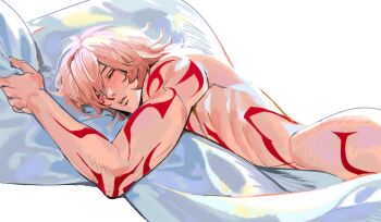 1boy arm_tattoo blonde_hair blush chest_tattoo closed_mouth eyelashes facial_tattoo honkai:_star_rail honkai_(series) lips male_focus medium_hair mismatched_eyebrows multiple_tattoos mydei_(honkai:_star_rail) narrow_waist nose nude parted_lips pocaari red_tattoo simple_background sleeping solo tattoo teeth white_background