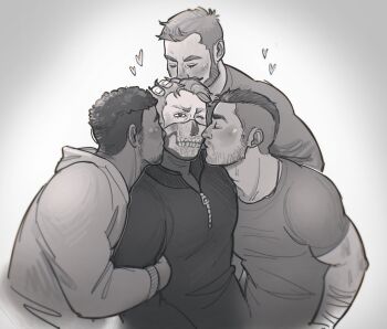 4boys bara beard blush call_of_duty call_of_duty:_modern_warfare_2 captain_price closed_eyes facial_hair gaz_(call_of_duty_4) ghost_(modern_warfare_2) greyscale hand_on_another&#039;s_head highres hood hood_down hoodie imminent_kiss male_focus mask monochrome mouth_mask multiple_boys muscular muscular_male one_eye_closed shell_(fludderpy) shirt short_hair skull_mask soap_(modern_warfare_2) yaoi