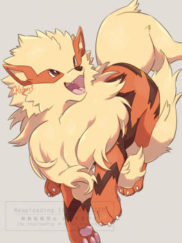 animal_focus arcanine claws commentary fangs gen_1_pokemon highres kechon-san nintendo no_humans open_mouth orange_fur pokemon pokemon_(creature) pokemon_focus simple_background smile solo symbol-only_commentary tail tongue tongue_out