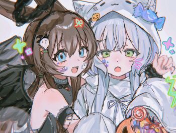 2girls amiya_(arknights) animal_ears arknights black_nails black_wings blue_eyes brown_hair cat_ears commentary english_commentary fangs ghost_costume green_eyes grey_hair halloween halloween_bucket halloween_costume highres hood hood_up long_hair looking_at_viewer morita_(pixiv31883607) multiple_girls nail_polish open_mouth rabbit_ears rabbit_girl rosmontis_(arknights) trick-or-treating wings