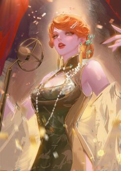 1girl absurdres bare_arms bare_shoulders black_dress breasts china_dress chinese_clothes chinese_commentary cleavage_cutout clothing_cutout commentary confetti curly_hair curtains dress highres jewelry lady_pearl_(path_to_nowhere) looking_at_viewer looking_down mandarin_collar medium_breasts mole mole_under_eye multiple_necklaces music necklace official_alternate_costume open_mouth orange_hair path_to_nowhere pearl_hair_ornament pearl_necklace qingci red_lips shawl side_slit singing sleeveless sleeveless_dress solo stage stage_curtains updo upper_body white_shawl