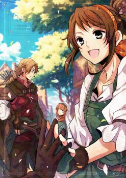 Rule 34 | 1boy, 1other, 2girls, :d, apron, arrow (projectile), belt, black eyes, black gloves, braid, brown belt, brown hair, brown pants, cowboy shot, day, fingerless gloves, gloves, green apron, hairband, highres, laurana (octopath traveler), long hair, multiple girls, nun headdress, octopath traveler, octopath traveler: champions of the continent, octopath traveler 0, open mouth, orange hair, outdoors, pants, phenn (octopath traveler), profile, red hairband, red vest, satsuki (chaosmode), shirt, short hair, single braid, smile, standing, stia (octopath traveler), tree, vest, white shirt