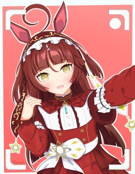 1girl absurdres ahoge animal_ears blunt_bangs blunt_ends blunt_sidelocks blush brown_headdress dress frilled_hairband frills hair_between_eyes hairband highres horse_ears horse_girl long_hair long_sleeves looking_at_viewer open_mouth outstretched_arm red_desire_(umamusume) red_dress red_hair red_hairband red_headdress red_veil selfie sidelocks smile solo star_ornament umamusume veil yellow_eyes zzkuteozzfa