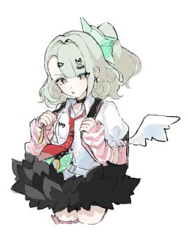 1girl arm_warmers bandaid bandaid_hair_ornament black_choker black_skirt choker collarbone commentary_request cropped_legs earrings frilled_sleeves frills fur-trimmed_skirt fur_trim green_eyes green_hair hair_intakes hair_ornament heart heart_hair_ornament jewelry looking_at_viewer musical_note_earrings necktie open_mouth pink_arm_warmers pink_bag ponytail red_necktie sato_0204 shirt simple_background skirt solo striped_arm_warmers sunna_(zenless_zone_zero) white_background white_shirt white_wings winged_bag wings zenless_zone_zero