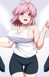 10s 1girl animated antenna_hair bare_arms bare_shoulders bike_shorts black_shorts blush bouncing bouncing_breasts breasts breath breathing_(animated) cleavage collarbone cowboy_shot exercise_machine exercising eyes_visible_through_hair female_focus fight_ippatsu!_juuden-chan!! girly_running gluteal_fold gym hand_up heavy_breathing highres indoors large_breasts looking_at_viewer looping_animation midriff_peek no_bra nori_tamago open_mouth pink_hair red_eyes running saigyouji_yuyuko short_hair shorts skindentation solo tank_top thigh_gap thighs touhou treadmill video white_tank_top