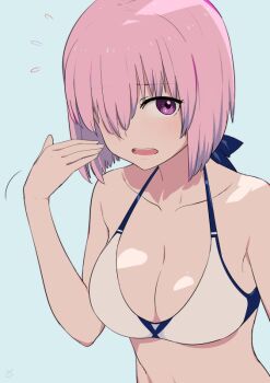 1girl bikini blue_background blush breasts cleavage commentary_request fanning_self fate/grand_order fate_(series) flying_sweatdrops hair_between_eyes hair_over_one_eye large_breasts looking_at_viewer mash_kyrielight open_mouth pink_hair purple_eyes short_hair simple_background sohin solo swimsuit upper_body white_bikini