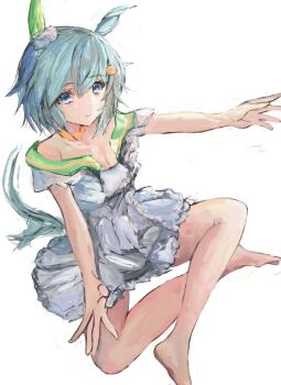 1girl animal_ears bare_shoulders blue_eyes blush breasts choker cleavage closed_mouth collarbone commentary_request dress ear_covers flower green_sailor_collar grey_hair hair_between_eyes hair_flower hair_ornament hairclip horse_ears horse_girl horse_tail looking_at_viewer parted_lips sailor_collar seiun_sky_(reeling_in_the_big_one)_(umamusume) seiun_sky_(umamusume) short_hair simple_background single_ear_cover small_breasts solo sunflower sunflower_hair_ornament tail umamusume white_background white_dress yanagi_wakana yellow_choker