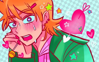 1boy alien_stage animification blue_eyes blush candy checkered_background colorful commentary derivative_work eddsworld food green_jacket hashtag-only_commentary heart heart-shaped_pupils highres holding holding_candy holding_food holding_lollipop hood hood_down hoodie jacket lollipop long_sleeves male_focus matt_(eddsworld) open_clothes open_jacket open_mouth orange_hair peluituap pink_nails short_hair solo star_(symbol) sweat symbol-shaped_pupils