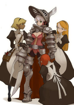 4girls abe_jun apron armor bad_id bad_pixiv_id blonde_hair blue_eyes breasts cleavage dark_skin dark-skinned_female dress dressing elf closed_eyes glasses gloves greaves green_eyes helmet knight maid maid_apron medium_breasts multiple_girls orange_hair original pointy_ears tools white_hair