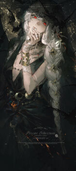 1girl bandaged_arm bandages bat_(animal) black_background black_veil commission dress hands_up highres holding_bandages lace-trimmed_veil lace_trim long_braid looking_at_viewer mouth_hold official_alternate_costume plunging_neckline red_eyes reverse:1999 second-party_source semmelweis_(reverse:1999) semmelweis_(the_wax_and_wane_of_the_heart)_(reverse:1999) sleeveless sleeveless_dress solo upper_body veil watermark white_hair yuanyi_east