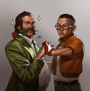 2boys :| belly black_eyes black_hair blazer bomber_jacket brown_hair buzz_cut closed_mouth collared_shirt commentary cowboy_shot disco_elysium english_commentary facial_hair facing_viewer flower flower_in_mouth glasses gloves green_jacket green_necktie harry_du_bois highres holding_hands jacket kim_kitsuragi looking_at_viewer male_focus multiple_boys mutton_chops necktie nurve26 orange_gloves orange_jacket shirt short_hair sparkle very_short_hair white_shirt