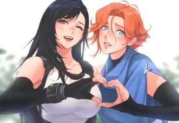 2girls bare_shoulders black_hair blue_eyes bracelet breasts castlevania_(series) castlevania_(netflix) castlevania_iii:_dracula's_curse crop_top crossover detached_sleeves final_fantasy final_fantasy_vii final_fantasy_vii_remake hair_between_eyes heart heart_hands highres jewelry konami large_breasts long_hair looking_at_viewer multiple_girls one_eye_closed orange_hair red_eyes short_hair spykeee square_enix sypha_belnades tank_top tifa_lockhart turtleneck twitter_username