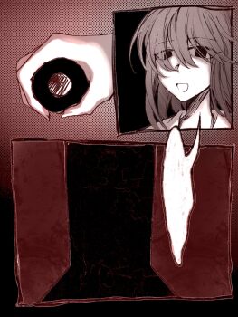 1girl black_eyes black_hair blank_speech_bubble commentary dated_commentary door doorknob highres long_hair missing_headwear open_mouth oriharareimu red_theme shirt solo speech_bubble touhou usami_renko