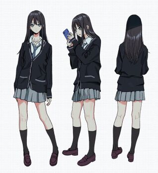 1girl black_hair black_jacket black_socks bloom_into_me15 blue_eyes blue_necktie brown_shoes cellphone collarbone collared_shirt commentary_request double-parted_bangs from_behind grey_skirt hair_between_eyes holding holding_phone idolmaster idolmaster_cinderella_girls jacket jewelry kneehighs kneepits loafers long_hair long_sidelocks long_sleeves looking_at_viewer multiple_views necklace necktie open_mouth phone pleated_skirt polka_dot polka_dot_background shibuya_rin shirt shoes sidelocks skirt sleeves_past_wrists smartphone socks standing white_background white_shirt