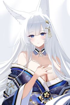 animal_ears azur_lane blue_eyes blush breasts cleavage detached_collar floating_hair floral_print floral_print_kimono fox_ears fox_girl fs_(sdamsd21321) hand_on_own_chest head_tilt highres japanese_clothes kimono long_hair looking_at_viewer mole open_clothes open_kimono print_kimono sakura_empire_(emblem) shinano_(azur_lane) white_background white_hair