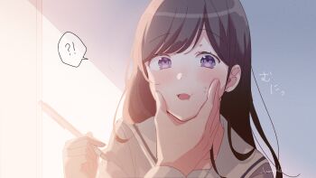 Rule 34 | !?, 1boy, 1girl, artist name, bloom, blush, brown hair, commentary request, hanako151, hand on another's face, hand up, highres, holding, holding pen, indoors, long hair, open mouth, original, pen, pov, shadow, small sweatdrop, solo focus, speech bubble, spoken interrobang, swept bangs, translation request, upper body