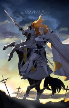 Rule 34 | 1boy, absurdres, blue eyes, fate/grand order, fate (series), fine art parody, grey hair, hair between eyes, highres, holding, holding polearm, holding weapon, horseback riding, ironmanhshs, looking at viewer, male focus, napoleon crossing the alps, parody, percival (fate), polearm, riding, solo, weapon