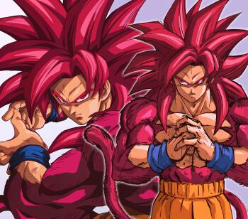 1boy body_fur catdestroyer cowboy_shot dragon_ball dragon_ball_daima grey_background highres kamehameha_(dragon_ball) long_hair male_focus monkey_tail multiple_views orange_pants pants red_eyes red_fur red_hair red_tail simple_background son_goku spiked_hair super_saiyan super_saiyan_4 tail topless_male
