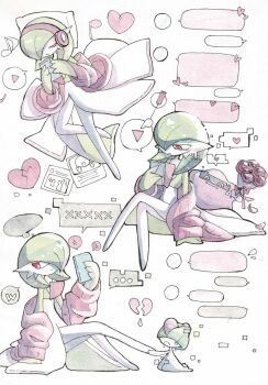 Rule 34 | bob cut, bouquet, bowl cut, closed eyes, colored skin, commentary request, ditto, dress, flower, gardevoir, gen 1 pokemon, gen 3 pokemon, green hair, green skin, headphones, heart, highres, holding, holding bouquet, horns, jacket, multicolored skin, multiple views, nintendo, pink eyes, pink jacket, pokemon, pokemon (creature), ralts, shimizuremi1122, two-tone skin, white dress, white skin