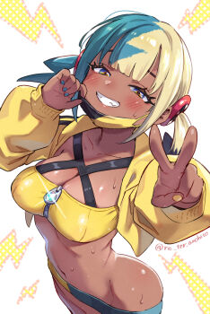 1girl aqua_hair aqua_nails aqua_pants bandeau black_mask blonde_hair blue_eyes blush breasts canari_(pokemon) cleavage commentary_request cowboy_shot dark-skinned_female dark_skin fang glint grin groin jacket large_breasts long_sleeves looking_at_viewer mask mask_pull medium_hair midriff mouth_mask multicolored_eyes multicolored_hair navel nintendo open_clothes open_jacket pants pokemon pokemon_legends:_z-a smile solo split-color_hair ter_(otokoter) twintails two-tone_eyes two-tone_hair two-tone_mask v yellow_bandeau yellow_eyes yellow_jacket yellow_mask yellow_nails zipper_pull_tab