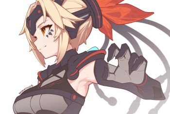 1girl absurdres armored_bodysuit armpit_cutout armpits black_gloves blonde_hair bodysuit breasts closed_mouth clothing_cutout commentary_request dinomorphia_kentregina duel_monster elbow_gloves facial_mark forehead_protector from_side gloves grey_bodysuit headgear highres large_breasts orange_eyes profile reptile_girl short_hair sidelocks signature simple_background smile solo standing twitter_username upper_body wepwawet white_background yu-gi-oh!