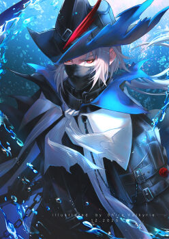 Rule 34 | 1boy, absurdres, arknights, artist name, ascot, black coat, black hat, black shirt, blue background, bubble, chain, coat, commentary, dated, english commentary, gradient background, grey hair, hat, highres, long hair, looking at viewer, male focus, mask, mouth mask, pointy ears, ponytail, red eyes, serious, shirashura, shirt, simple background, solo, torn ascot, torn clothes, ulpianus (arknights), underwater, upper body, water, white ascot