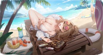 1girl :d artist_request azur_lane bag bare_shoulders beach beach_chair bikini blue_sky blush bracelet breasts brown_hair chair cleavage cloud cloudy_sky cocktail cocktail_glass coconut coconut_tree collarbone cup day drink drinking_glass drinking_straw earrings eyewear_on_head food frilled_bikini frilled_sleeves frills fruit hair_between_eyes hair_spread_out handbag highres horizon ice ice_cube innertube jacket jewelry juice knees_up large_breasts legs_up lemon lemon_slice lion_(azur_lane) lion_(the_reclining_dandelion)_(azur_lane) long_hair long_sleeves looking_at_viewer lounge_chair lying mountainous_horizon navel non-web_source ocean official_alternate_costume official_art on_back open_mouth orange-tinted_eyewear orange_(fruit) orange_eyes orange_slice outdoors palm_tree pink-tinted_eyewear sand shore sky smile solo stomach summer sunglasses surfboard swim_ring swimsuit table thighs tinted_eyewear top-down_bottom-up tree very_long_hair water wet white_bikini yellow_eyes