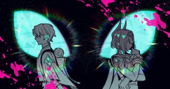 1boy 1girl black_background blood chinese_commentary closed_mouth commentary commentary_request dottore_(genshin_impact) earrings english_commentary faceless faceless_female faceless_male genshin_impact glowing green_eyes hand_on_own_face hand_up highres jewelry nefer_(genshin_impact) pink_blood short_hair standing tuiqiao