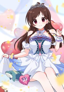 1girl absurdres antenna_hair arm_garter bare_legs blunt_ends blush breasts brown_hair commentary_request confetti dress earrings everafter_(idolmaster) feet_out_of_frame fingernails frilled_wristband heart highres idolmaster idolmaster_cinderella_girls idolmaster_cinderella_girls_starlight_stage jewelry long_hair looking_at_viewer medium_breasts nail_polish ngoyamagata official_alternate_costume red_eyes red_nails sitting skirt_hold smile solo straight_hair stuffed_animal stuffed_shark stuffed_toy tiara tsujino_akari white_dress