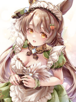 1girl :d absurdres adapted_costume alternate_costume animal_ears apron blunt_sidelocks blurry bokeh braid breasts brown_corset brown_eyes brown_hair carrot_hair_ornament center-flap_bangs cleavage commentary_request corset cross-laced_apron depth_of_field double-parted_bangs duster ear_ornament enmaided feather_duster food-themed_hair_ornament frilled_apron frills green_shrug green_skirt hair_between_eyes hair_ornament hairclip half_up_braid highres holding holding_duster horse_ears large_breasts long_hair looking_at_viewer maid maid_apron maid_headdress meimette multicolored_hair open_mouth puffy_short_sleeves puffy_sleeves satono_diamond_(umamusume) see-through_cleavage see-through_clothes shirt short_sleeves shrug_(clothing) sidelocks skirt smile solo streaked_hair umamusume underbust veil white_apron white_shirt white_veil