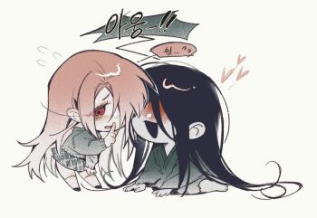 Rule 34 | adashino adami, black hair, black kimono, blood, blood on face, borrowed character, chibi, commentary request, finger to mouth, flying sweatdrops, green background, grey sweater, hair over one eye, homicipher, japanese clothes, kimono, korean commentary, korean text, long hair, loving aura, mr. crawling, pink hair, red eyes, ringed eyes, simple background, skirt, sweater, sweeeet him, translation request, very long hair