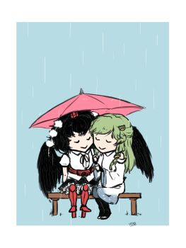 2girls animated animated_gif bench black_hair black_skirt black_wings blue_background border closed_eyes closed_mouth collared_shirt frog_hair_ornament green_hair hair_ornament hat highres holding holding_umbrella kochiya_sanae long_hair long_sleeves looping_animation multiple_girls neck_ribbon pink_umbrella pom_pom_(clothes) puffy_short_sleeves puffy_sleeves rain red_hat ribbon shameimaru_aya shirt short_hair short_sleeves sitting skirt smile tokin_hat touhou tres-iques u_u umbrella white_border white_shirt wide_sleeves wings yuri