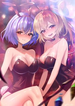 2girls absurdres alternate_costume animal_ear_hairband animal_ears bare_shoulders bat_wings black_leotard blonde_hair blue_hair blush breasts cleavage closed_mouth commentary_request crossed_legs crystal crystal_wings fake_animal_ears flandre_scarlet hairband highres large_breasts leotard long_hair looking_at_viewer multicolored_wings multiple_girls one_side_up open_mouth playboy_bunny rabbit_ear_hairband rabbit_ears rabbit_tail red_eyes red_hairband remilia_scarlet ring_light_reflection short_hair siblings sisters smile strapless strapless_leotard tail teeth thighs tofuandsoup touhou twitter_username wings
